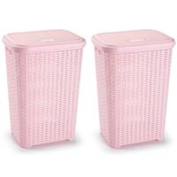 Plasticforte Wasmand met deksel - 2x stuks - 60 liter - lichtroze - rotan - kunststof - L35 x B43 x