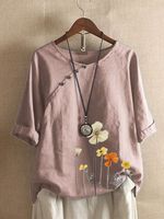 Floral 3/4 Sleeve Casual Round Neck Top - thumbnail