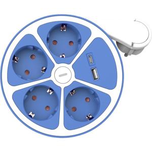 ROLINE 4-voudige stekkerdoos met schakelaar, rond, , USB-oplader A+C, blauw, 3 m
