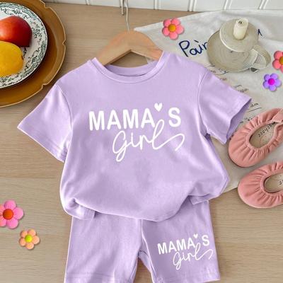 Baby Girls 2pcs Set Round Neck Short Sleeve T-Shirt And Leggings, Casual & Minimalist Mauve Purple