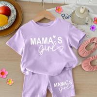 Baby Girls 2pcs Set Round Neck Short Sleeve T-Shirt And Leggings, Casual & Minimalist Mauve Purple