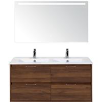 Porto Badmeubelset 120 cm - 4 Laden Walnoot - Keramische Wastafel Wit Slim met Sence Spiegel