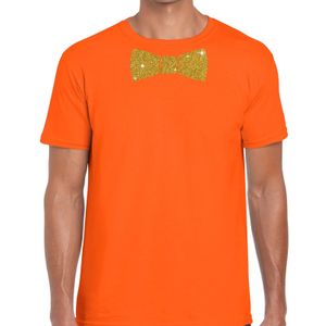 Oranje fun t-shirt met vlinderdas in glitter goud heren