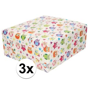 3x Cadeaupapier wit met gekleurde uiltjes 200 cm   -