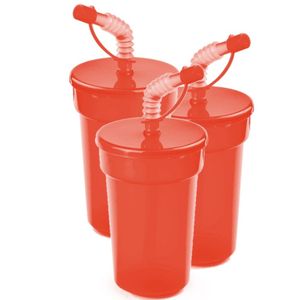 6x stuks afsluitbare drinkbeker rood 400 ml met rietje