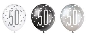Ballonnen 50 Jaar Zwart en Zilver Glitz (6st)