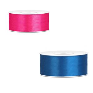 Bellatio decorations 2x rollen satijn cadeaulint/sierlint - 2.5 cm x 25 meter - roze en kobalt blauw