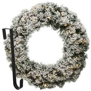 Kerstkrans 60 cm - groen met led - besneeuwd - met hanger/ophanghaak