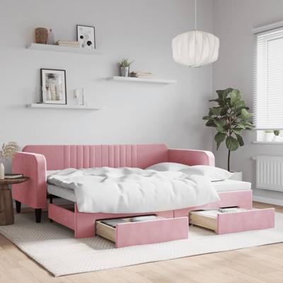 Slaapbank met onderschuifbed en lades 90x200 cm fluweel roze