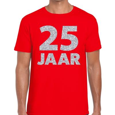 25 jaar verjaardag t-shirt - rood - voor heren - zilver glitters print - jubileum - leeftijd