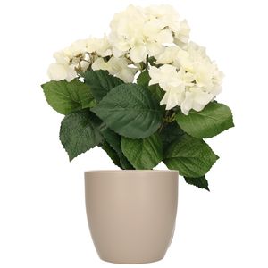 Hortensia kunstplant met bloemen wit - in pot taupe - 40 cm hoog