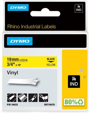Dymo RHINO vinyltape 19 mm x 5,5 m, zwart op geel