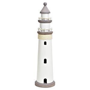 Vuurtoren beeldje - Hout - 12 x 48 cm - wit/grijs - Maritieme decoraties binnen