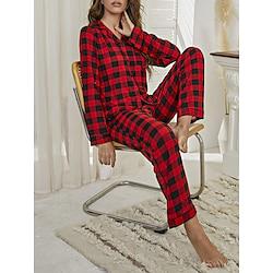 Dames Pyjama Sets Raster / Plaid Modieus Comfortabel Huis Kerstmis Dagelijks Polyester Ademend Revers Lange mouw Overhemd Pantalon nappi Zak Herfst Winter Rood Lightinthebox