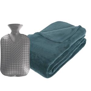 Fleece deken/plaid Blauwgrijs 230 x 180 cm en een warmwater kruik 2 liter