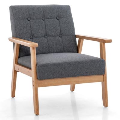 Mid-Century Moderne Accentstoel met Knopen Beklede Fauteuil met Ademende Linnen Stof en Massief Rubberwood Frame Grijs