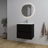 Adema Chaci Badkamermeubelset - 60x46x57cm - 1 keramische wasbak wit - 1 kraangat - 2 lades - ronde spiegel met verlichting - mat zwart SW1212760/SW804530/SW108325 Adema Chaci Badkamermeubelset - 60x46x57cm - 1 keramische wasbak wit - 1 kraangat - 2 lades - ronde spiegel met verlichting - mat zwart SW1212760/SW804530/SW108325
