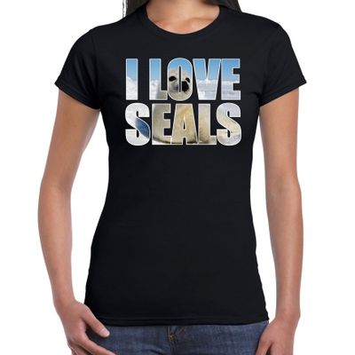 Tekst t-shirt I love seals met dieren foto van een zeehond zwart voor dames