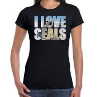 Tekst t-shirt I love seals met dieren foto van een zeehond zwart voor dames