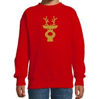 Rendier hoofd Kerstsweater / Kersttrui rood voor kinderen met gouden glitter bedrukking - thumbnail