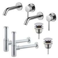 Fortifura Calvi Wastafelkraanset - voor dubbele wastafel - inbouw wastafelkraan - klikwaste plug - design sifon - Chroom 2x SW377814/2x SW696203/2x SW696214