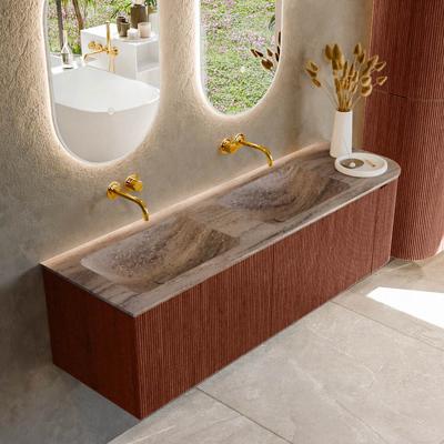 Badmeubel Mondiaz Kurve-Dlux | 155 cm | Meubelkleur Ruby | Wastafelkleur Oza | Solid surface | Dubbel / Links spoelbak | Zonder kraangat(en)