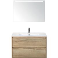 Porto Badmeubelset 90 cm - Natuur Eiken - Keramische Wastafel Wit Slim met Sence Spiegel
