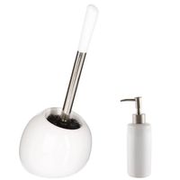 WC-/toiletborstel en houder - wit - met zeeppompje 400 ml - Badkameraccessoireset - thumbnail