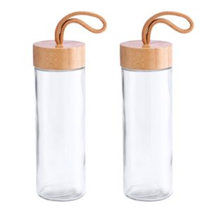 2x Stuks glazen waterfles/drinkfles transparant met bamboe houten dop met handvat 420 ml