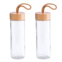 2x Stuks glazen waterfles/drinkfles transparant met bamboe houten dop met handvat 420 ml - thumbnail