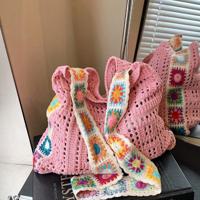 Retro Floral Knitted Shoulder Bag - Beige Hollow Out Beach Purse Pink