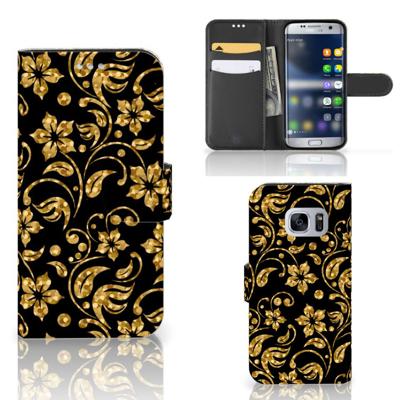Samsung Galaxy S7 Hoesje Gouden Bloemen | Portemonnee hoesje Samsung Galaxy S7 Hoesje Gouden Bloemen | Portemonnee hoesje