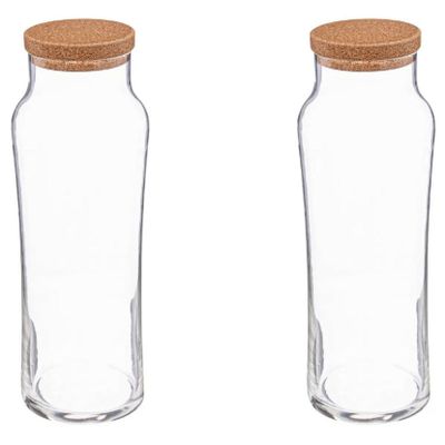 Water Karaf met afsluitdop van kurk - 2x - glas - 1 Liter - schenkkan