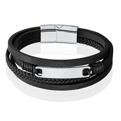 Mendes Multilayer Leren Armband voor Heren met Zilveren Coating-21cm