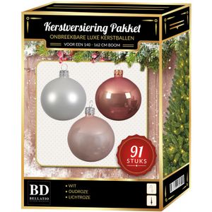 Witte/oud roze/lichtroze kerstballen pakket 91-delig voor 150 cm boom   -