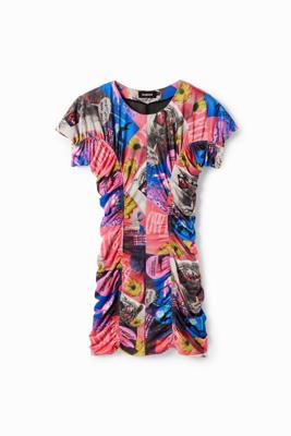 Slim fit mini-jurk met plooitjes en collage - RED - XL