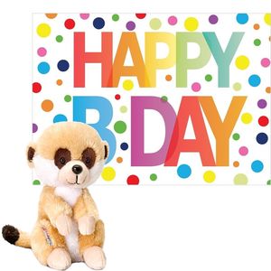 Pluche dieren knuffel stokstaartje 14 cm met Happy Birthday wenskaart