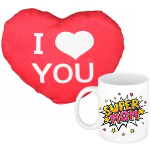 Super mom mok/beker 300 ml wit incl. sierkussentje hart vorm 12 cm