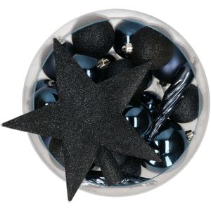 Bellatio Decorations set 33x stuks kunststof kerstballen met ster piek donkerblauw