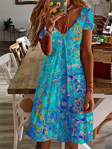 V Neck Casual Short Sleeve Printed Dress