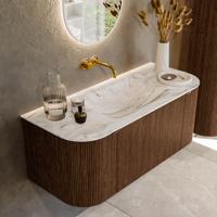 Badmeubel Mondiaz Kurve-Dlux | 110 cm | Meubelkleur Walnut | Wastafelkleur Glace | Solid surface | Midden spoelbak | Zonder kraangat(en)