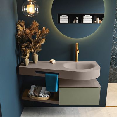 MONDIAZ RIVA 120cm badmeubel onderkast / planchet kleur Army met 1 lade. Wastafel DULCET rechts 1 kraangat kleur Smoke. MONDIAZ RIVA 120cm badmeubel onderkast / planchet kleur Army met 1 lade. Wastafel DULCET rechts 1 kraangat kleur Smoke.