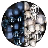 Kerstversiering kunststof kerstballen mix donkerblauw/zilver 4-6-8 cm pakket van 68x stuks - Kerstbal