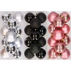 36x stuks kunststof kerstballen mix van zilver, zwart en oudroze 6 cm