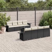 9-delige Loungeset met kussens poly rattan zwart