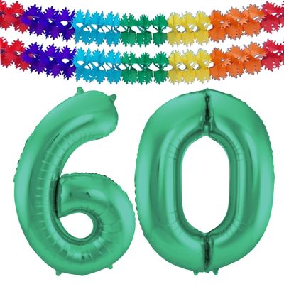 Grote folie ballonnen cijfer 60 in het glimmend groen 86 cm en 2x feestslingers Grote folie ballonnen cijfer 60 in het glimmend groen 86 cm en 2x feestslingers