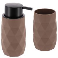 Badkamer accessoire set - tandenborstelbeker en zeeppomp Diamond - bruin - kunststof