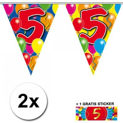 Leeftijd versiering - 2x vlaggenlijnen 5 jaar - met gratis sticker - feestartikelen - verjaardag