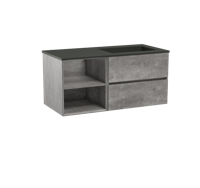 Storke Edge zwevend badmeubel 110 x 52 cm beton donkergrijs met Scuro asymmetrisch rechtse wastafel in mat kwarts