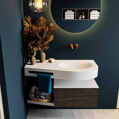MONDIAZ RIVA 100cm badmeubel onderkast / planchet kleur Dark_Brown met 1 lade. Wastafel DULCET rechts 0 kraangaten kleur Talc. MONDIAZ RIVA 100cm badmeubel onderkast / planchet kleur Dark_Brown met 1 lade. Wastafel DULCET rechts 0 kraangaten kleur Talc.